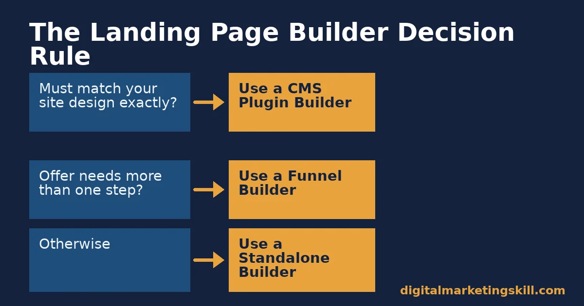 Flowchart showing the decision rule for choosing a landing page builder based on design fit and offer complexity