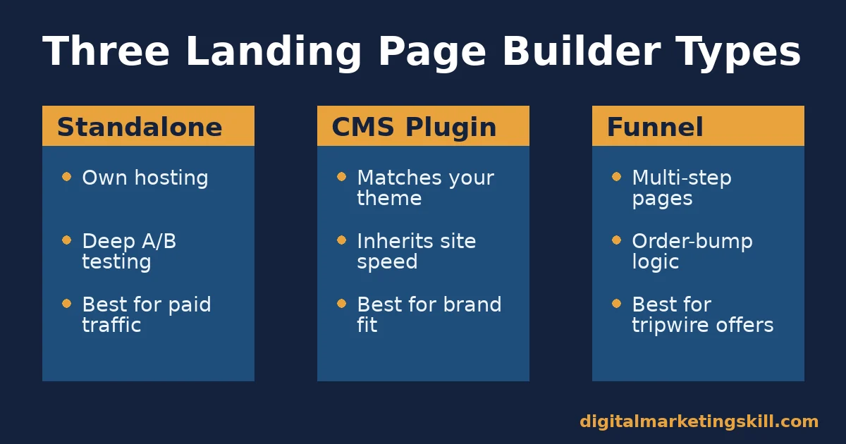 Diagram comparing standalone, CMS plugin and funnel landing page builder types and what each is best for