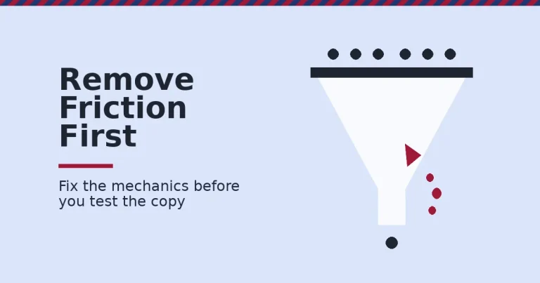 Landing page conversion featured image showing a funnel with visitors entering and a crimson leak representing lost conversions