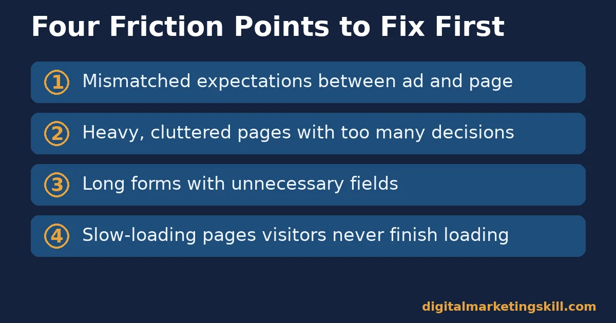 Landing page conversion checklist listing four friction points: mismatched expectations, cluttered pages, long forms and slow load times