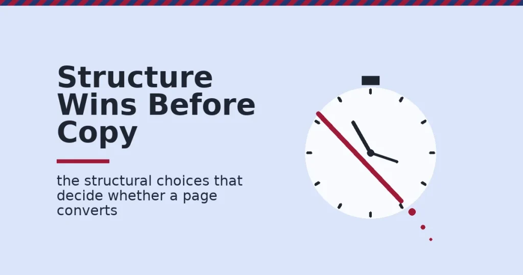 Landing page design shown as a white stopwatch with a crimson crack, with visitors leaking out as crimson dots