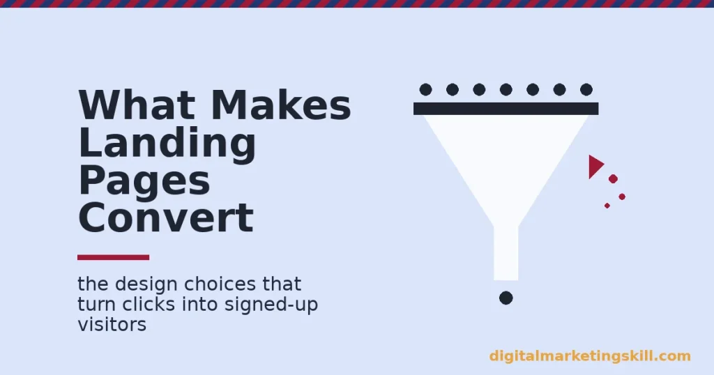 Illustration of landing page examples showing a funnel losing leads through a crack