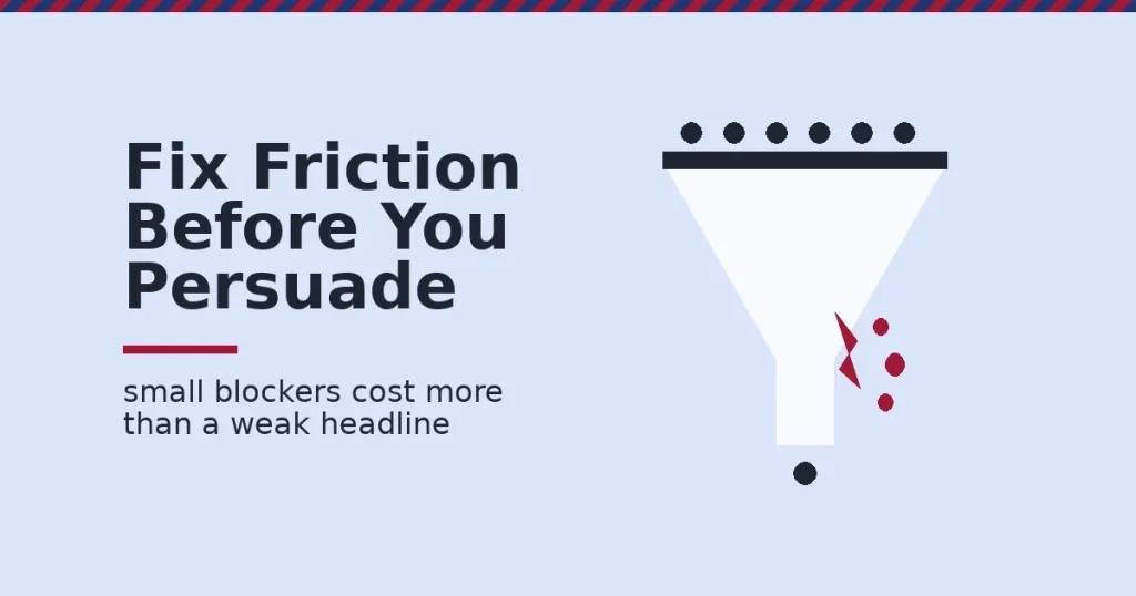 Landing page optimization shown as a funnel losing visitors through a crack before persuasion elements are even reached