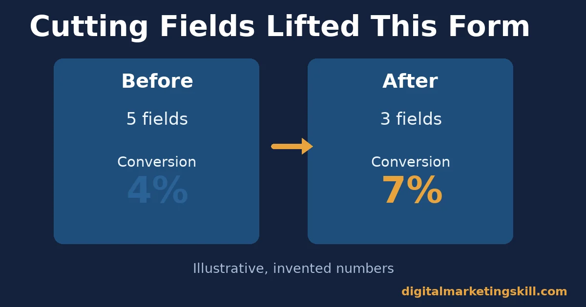 Landing page optimization illustrative example of a form dropping from five fields to three fields, with conversion rising from 4% to 7%