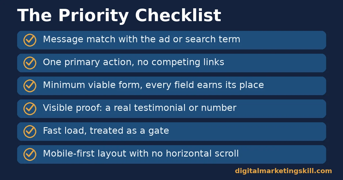 Landing page optimization checklist with six checks in priority order: message match, one primary action, minimum viable form, visible proof, fast load, mobile-first layout
