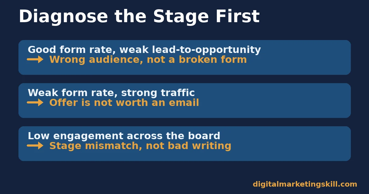Lead generation content strategy diagnostic chart matching form conversion, traffic and engagement symptoms to the correct fix