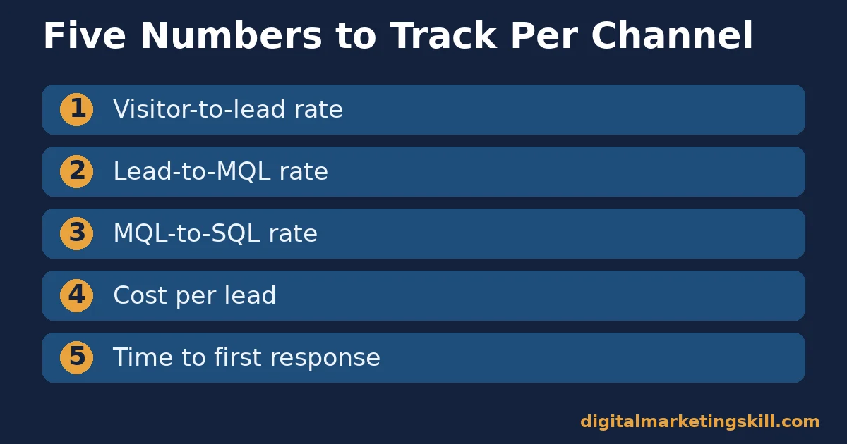 Five metrics to track for any lead generation idea Numbered checklist of five metrics to track for lead generation ideas: visitor-to-lead, lead-to-MQL, MQL-to-SQL, cost per lead, time to first response