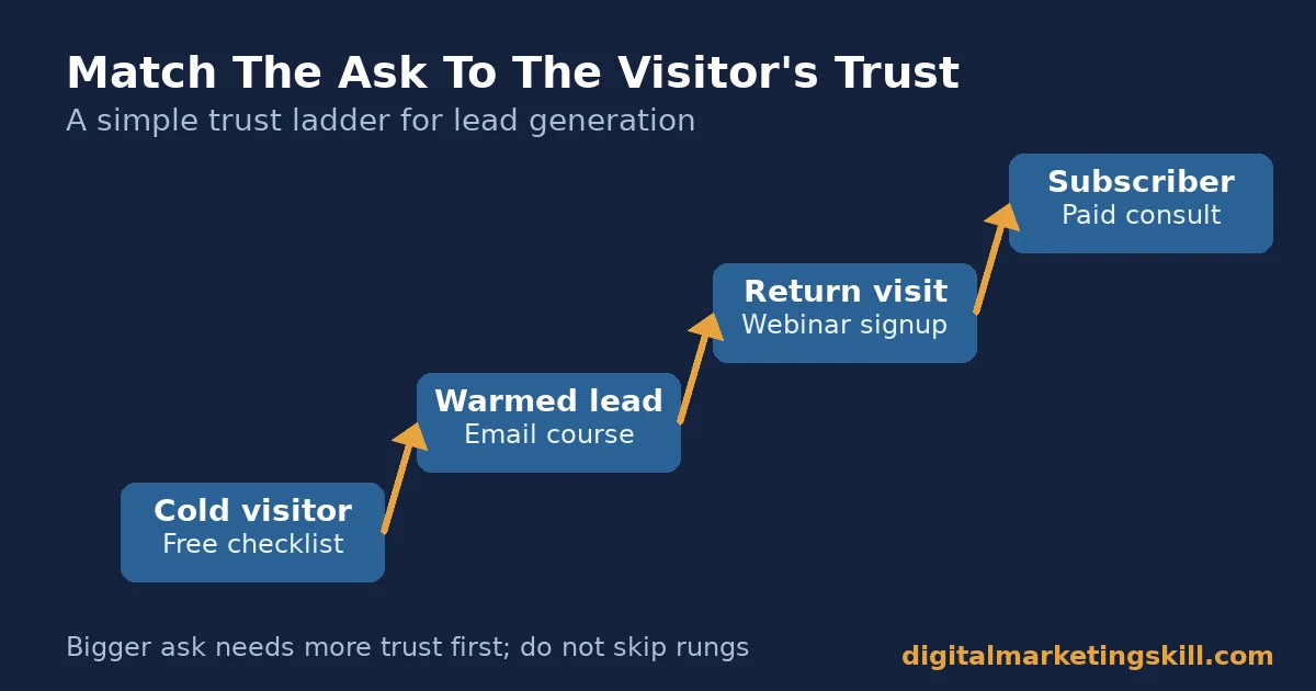 trust ladder diagram showing how lead generation strategies should match the offer to visitor trust