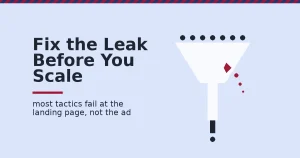 Funnel illustration showing lead generation tactics losing leads through a crack at the landing page step