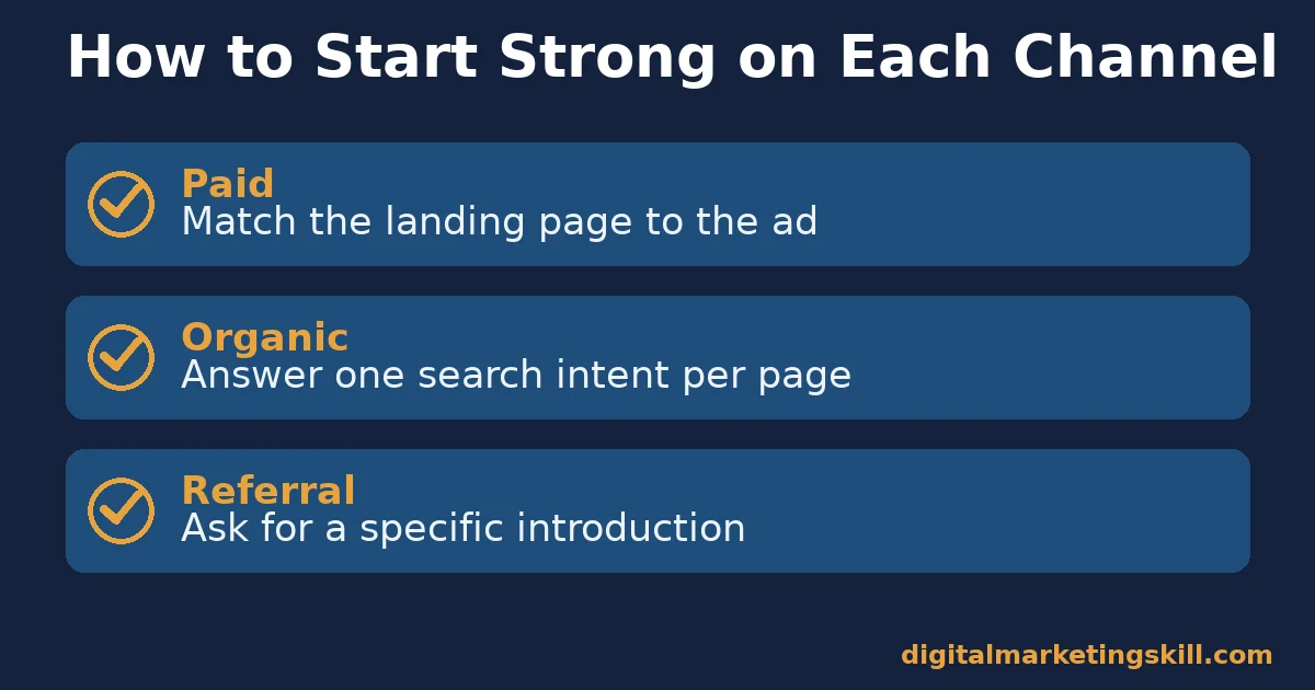 Checklist of first steps for paid, organic and referral lead generation tactics