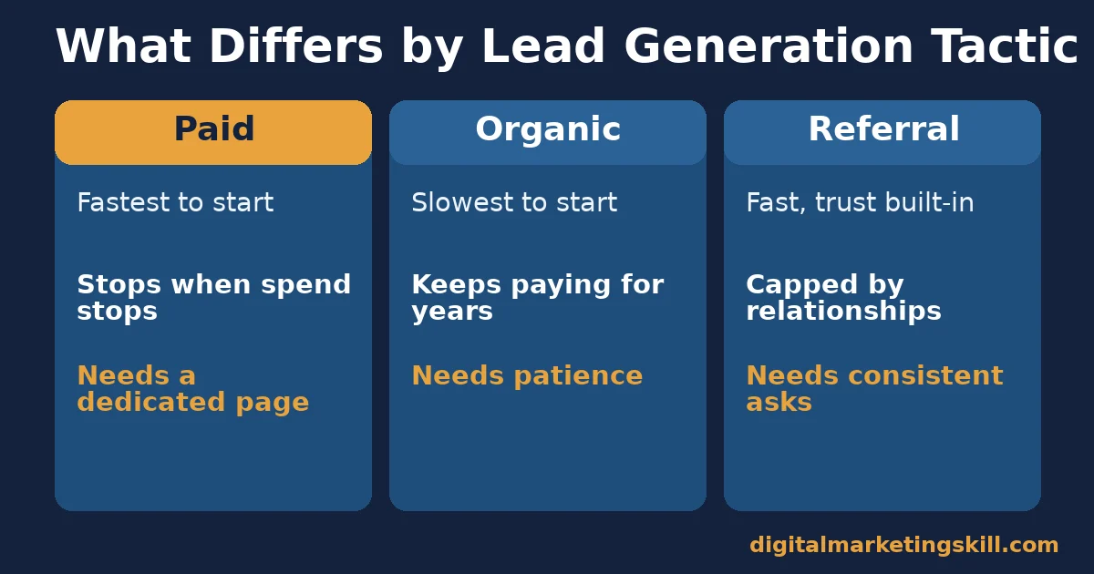 Comparison of paid, organic and referral lead generation tactics by speed, durability and cost