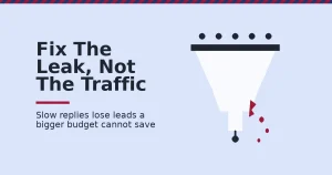 Lead generation tips illustration of a funnel leaking leads through a crack, representing lost leads from slow follow-up