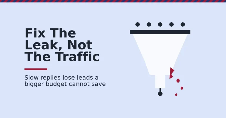 Lead generation tips illustration of a funnel leaking leads through a crack, representing lost leads from slow follow-up