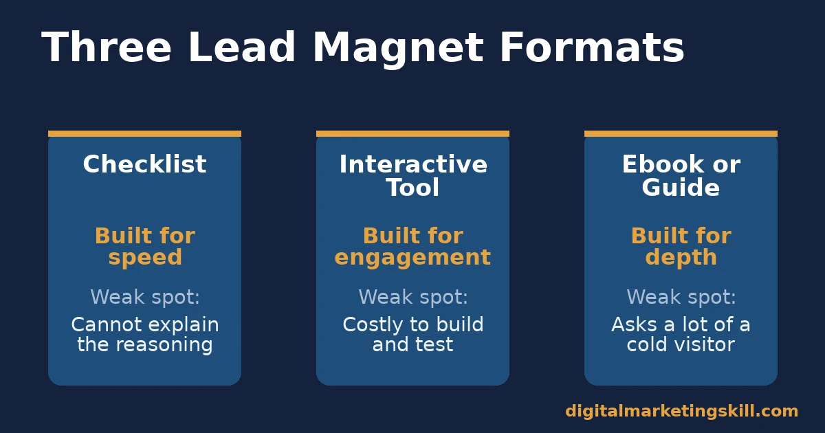 Comparison chart of checklist, interactive tool, and ebook lead magnet ideas and their weak spots