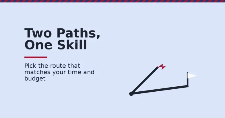 Illustration of two paths for how to learn digital marketing, one breaking off and one reaching a goal flag