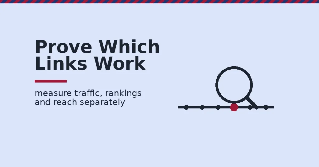 Link building analytics shown as a row of backlink dots with one crimson dot circled by a magnifying glass as the link that mattered