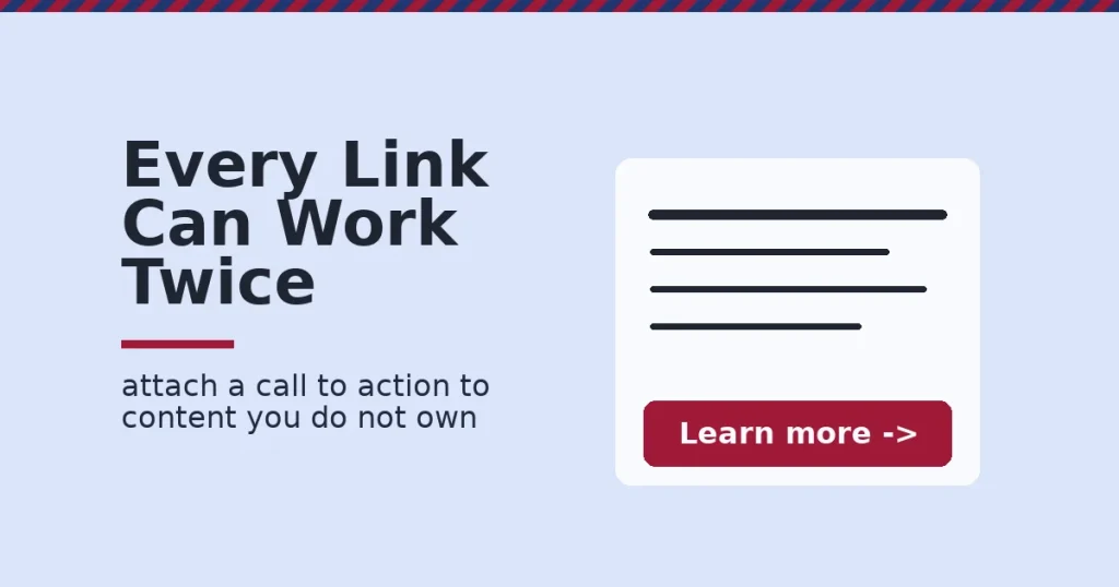 Link retargeting shown as a shared content card with a crimson call-to-action overlay riding on top of it