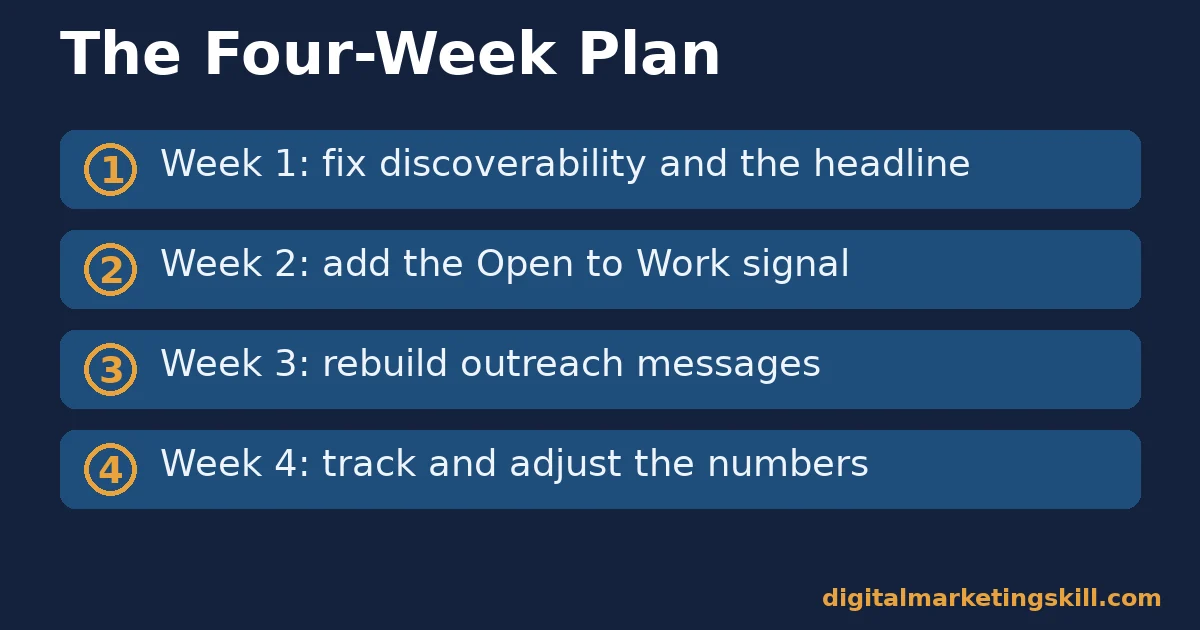 LinkedIn job search checklist with four weekly steps: fix discoverability, add the Open to Work signal, rebuild outreach messages, track and adjust