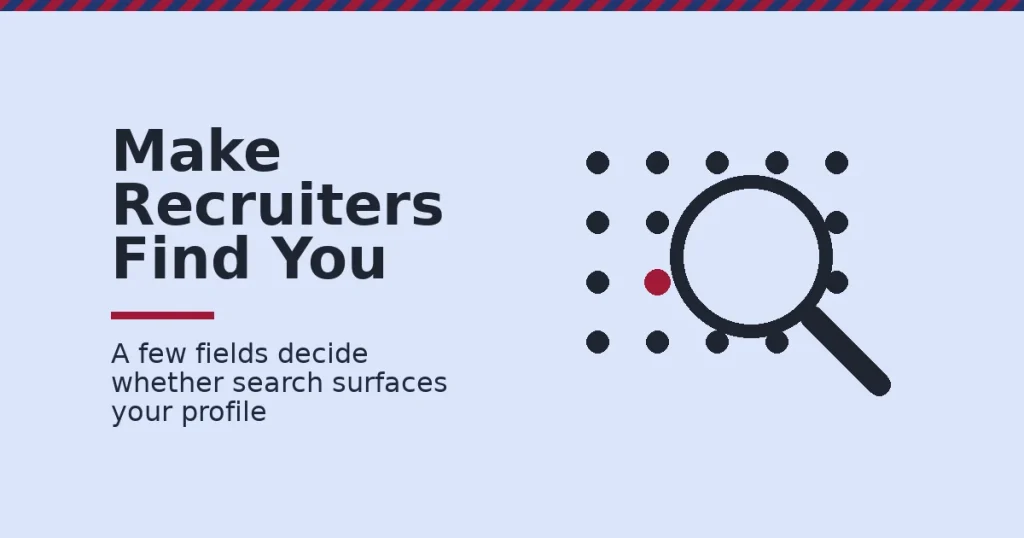 LinkedIn optimization shown as a magnifying glass finding one highlighted profile among a grid of profile dots