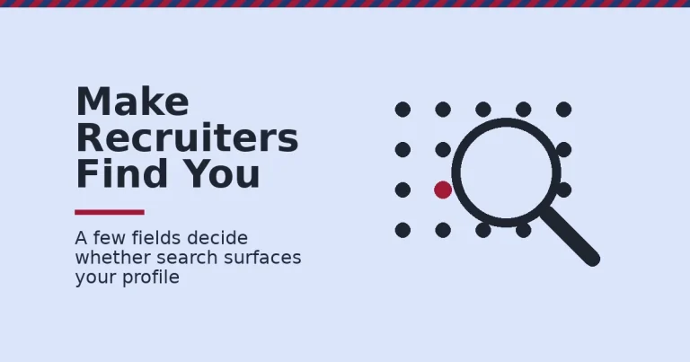 LinkedIn optimization shown as a magnifying glass finding one highlighted profile among a grid of profile dots