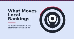 Local SEO illustrated as a map pin surrounded by signal rings, with one ring broken in crimson to show a missing ranking signal