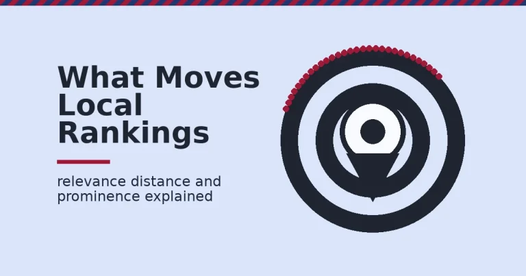 Local SEO illustrated as a map pin surrounded by signal rings, with one ring broken in crimson to show a missing ranking signal