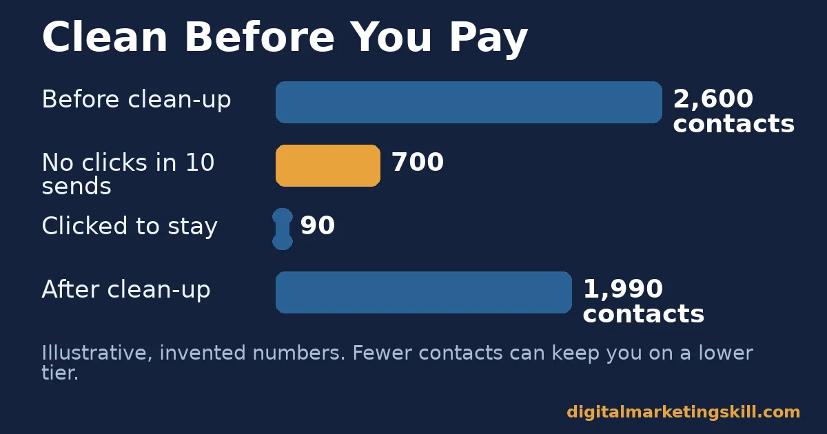 Mailchimp setup: clean your list before you pay Mailchimp setup bar chart with illustrative invented numbers showing a list shrinking from 2,600 to 1,990 contacts after removing non-clickers