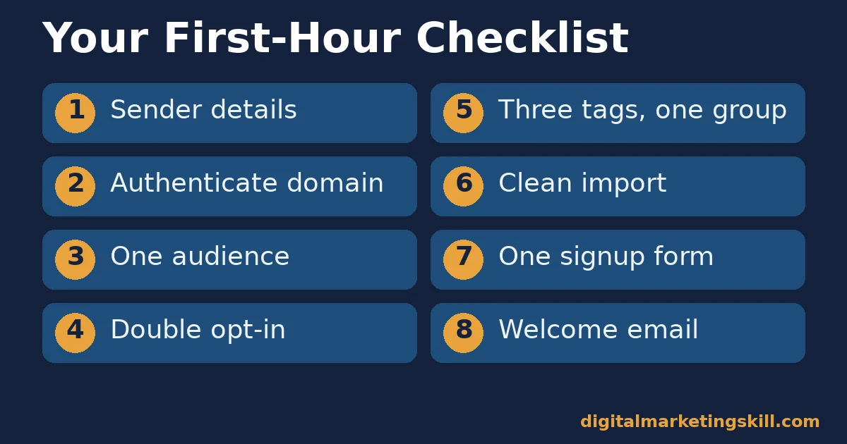 Mailchimp setup first-hour checklist Mailchimp setup checklist with eight steps from sender details to a welcome email