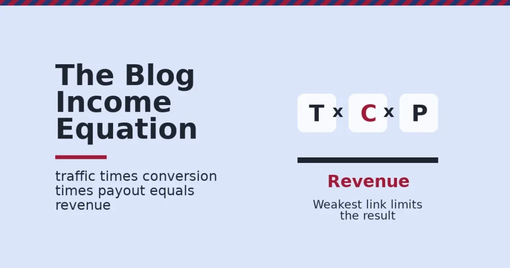 Make money from blogging shown as three boxes, traffic, conversion and payout, multiplied together into revenue, with conversion marked in red as the weak link