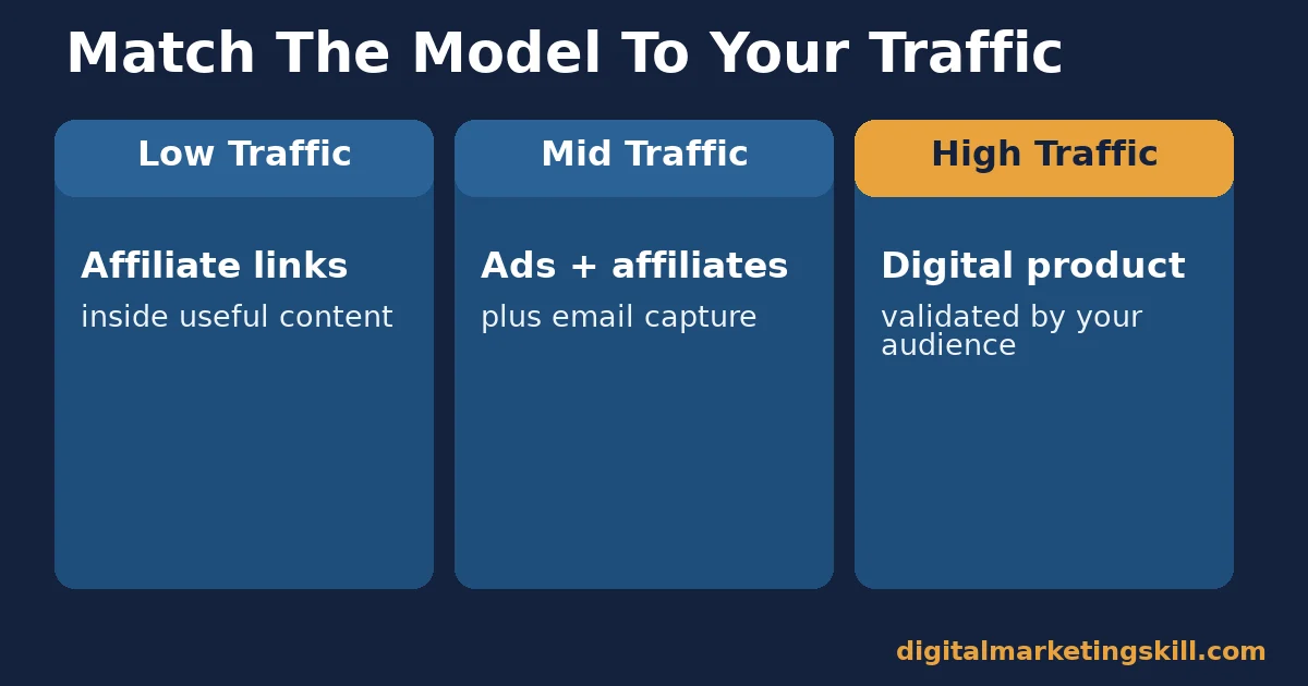 Make money from blogging by traffic level Make money from blogging comparison of three traffic levels and the revenue model that fits each: affiliate links, ads plus affiliates, and a digital product