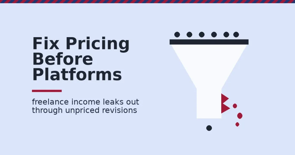 Illustration about how to make money from freelancing: a funnel losing income through a crack, representing unpriced revisions