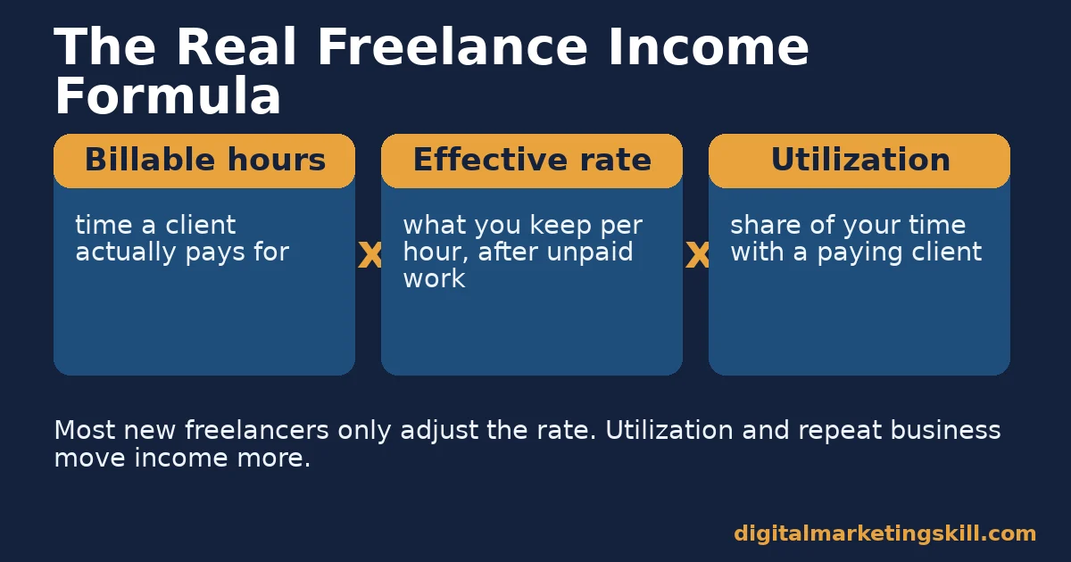 Diagram showing how to make money from freelancing: billable hours times effective rate times utilization