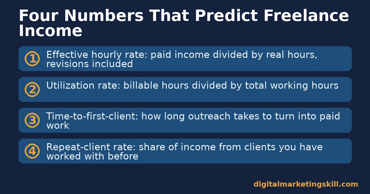 Checklist of four KPIs to make money from freelancing: effective hourly rate, utilization rate, time-to-first-client, repeat-client rate