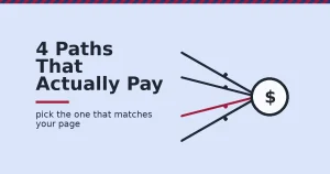 Four lines representing ways to make money on Facebook converging on a dollar sign, one path highlighted in crimson