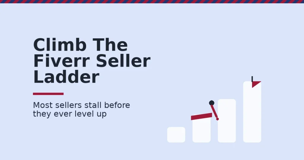 Illustration of rising bars with a break at the second step, showing where most sellers trying to make money on Fiverr stall before levelling up