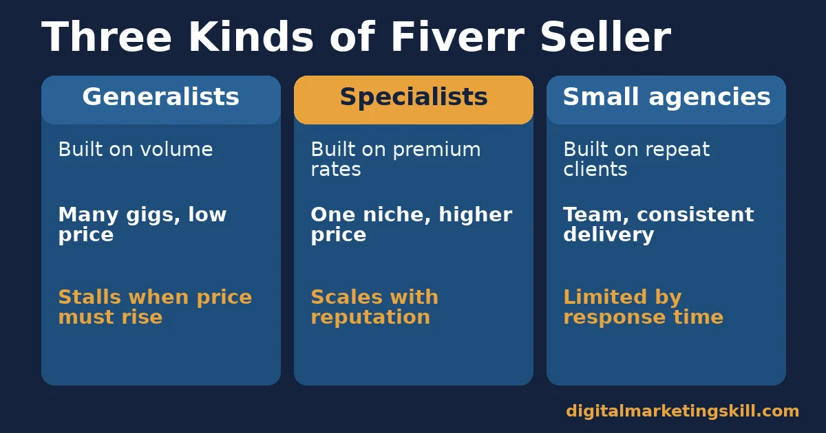 Three-column comparison of generalist, specialist and small-agency sellers who make money on Fiverr, showing what each is built on and its main limit