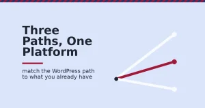 Three diverging paths from one point, with one crimson path highlighted, representing how to make money with WordPress by matching the path to what you already have