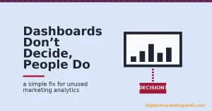 Illustration of a marketing analytics dashboard with a broken link down to an undecided decision box