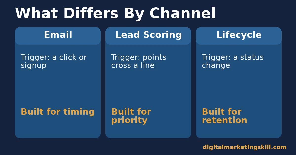 What differs by marketing automation channel Comparison chart of three marketing automation channels: email, lead scoring and lifecycle