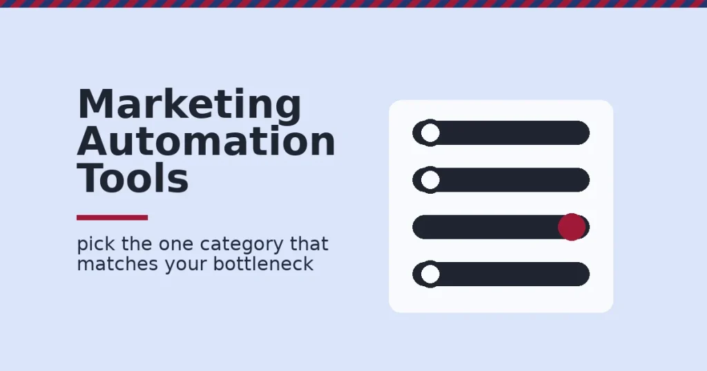 Marketing automation tools shown as a control panel with four toggle switches, three off and one switched on in crimson