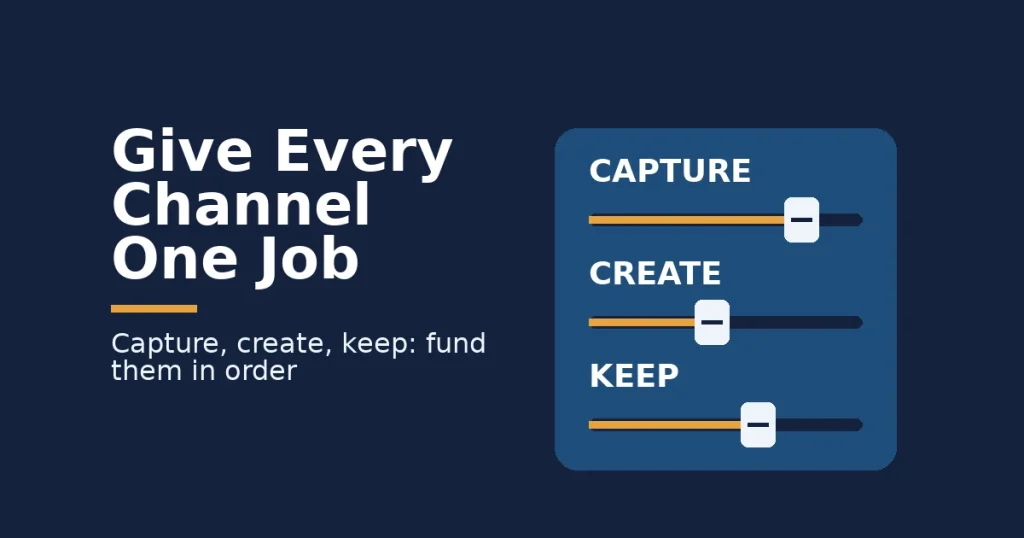 Marketing channel mix cover with three sliders labelled capture, create and keep