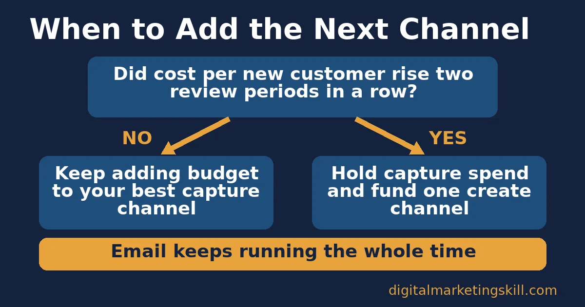Marketing channel mix decision flow: if cost per new customer rose two review periods in a row, hold capture spend and fund one create channel