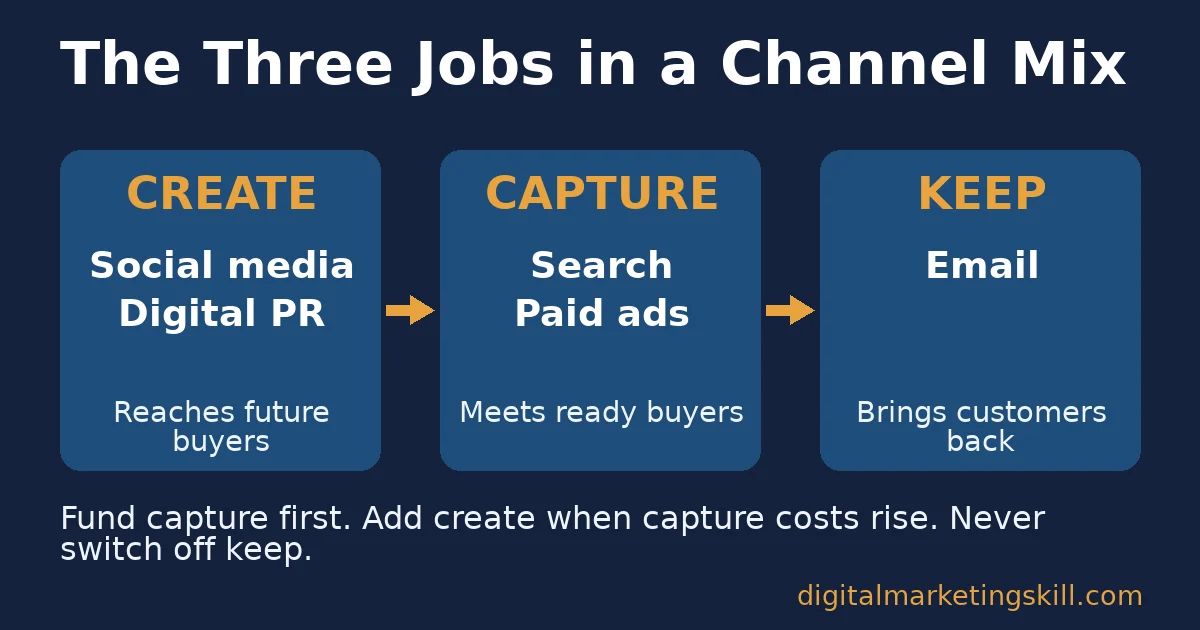 Marketing channel mix diagram: social media and digital PR create demand, search and paid ads capture it, email keeps customers