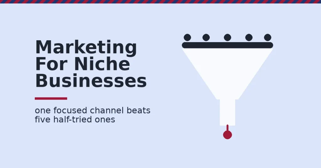 Marketing for niche businesses shown as a funnel with five scattered dark dots entering and one crimson dot exiting successfully