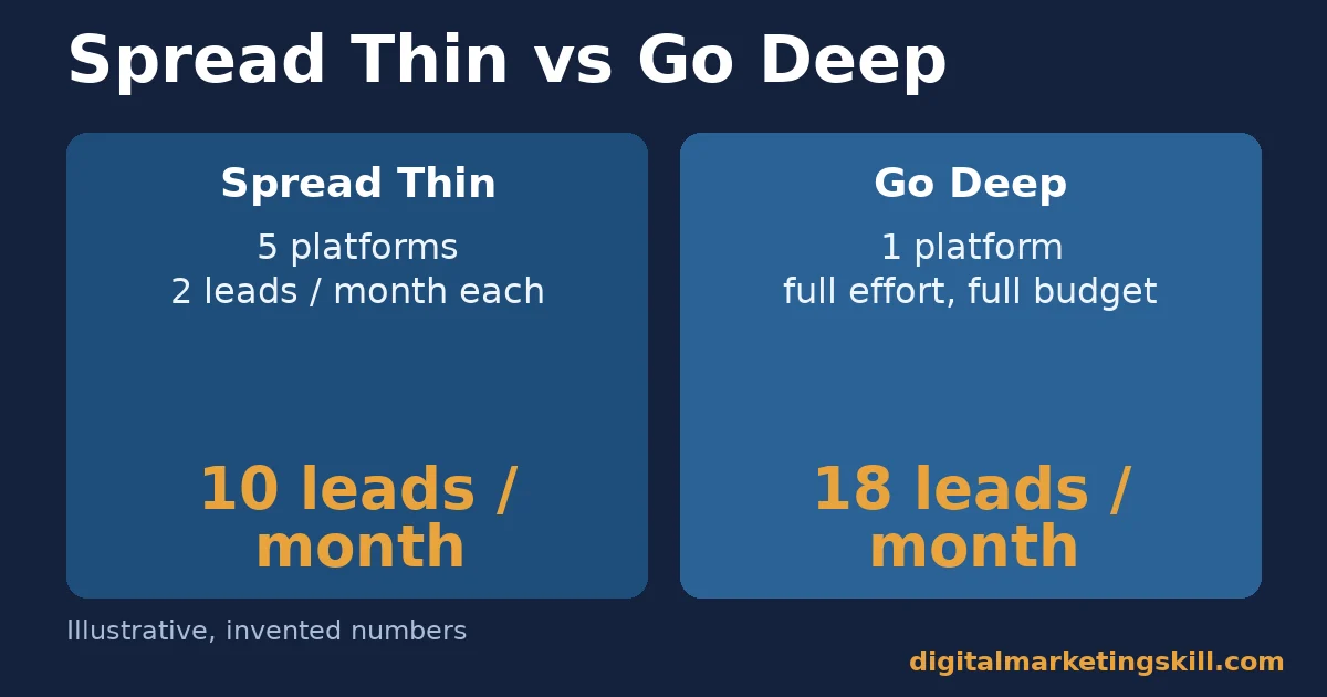 Marketing for niche businesses comparison: five platforms at 2 leads each totalling 10 leads a month versus one focused platform producing 18 leads a month