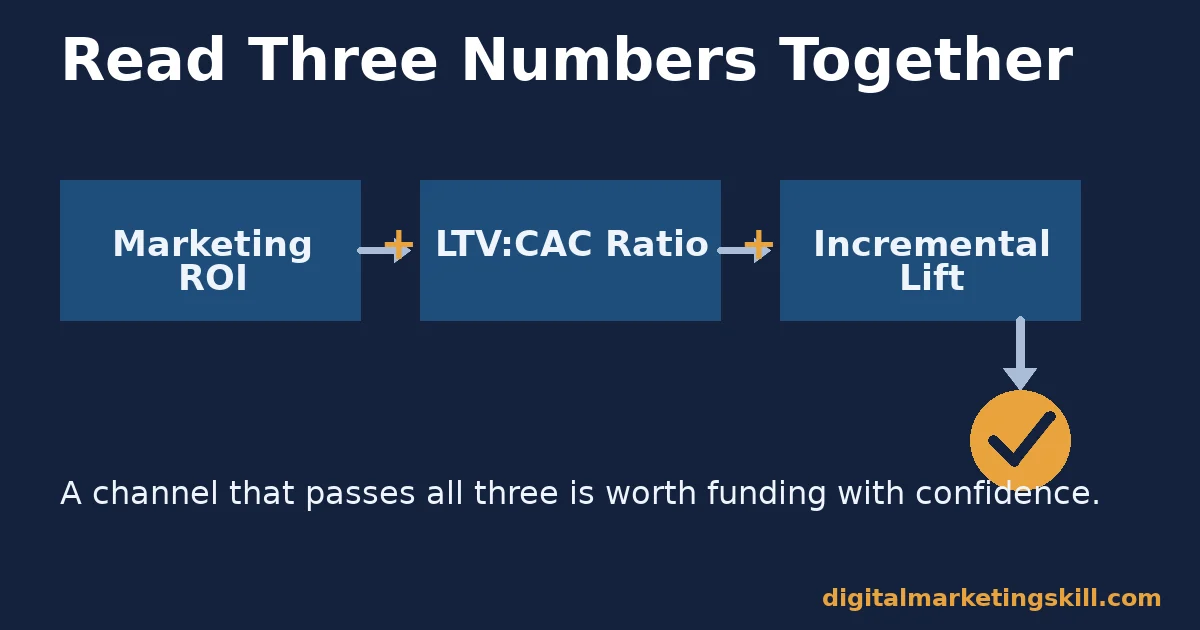 Three boxes labelled marketing ROI, LTV:CAC ratio and incremental lift feeding into one confidence checkmark