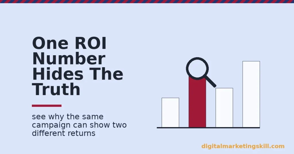 Marketing return on investment illustrated as four bars with a magnifying glass highlighting one hidden result