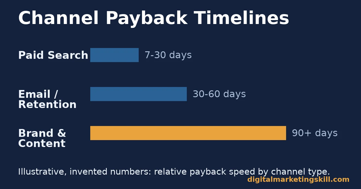 Bar chart of illustrative payback timelines for paid search, email and brand content used to judge marketing return on investment fairly