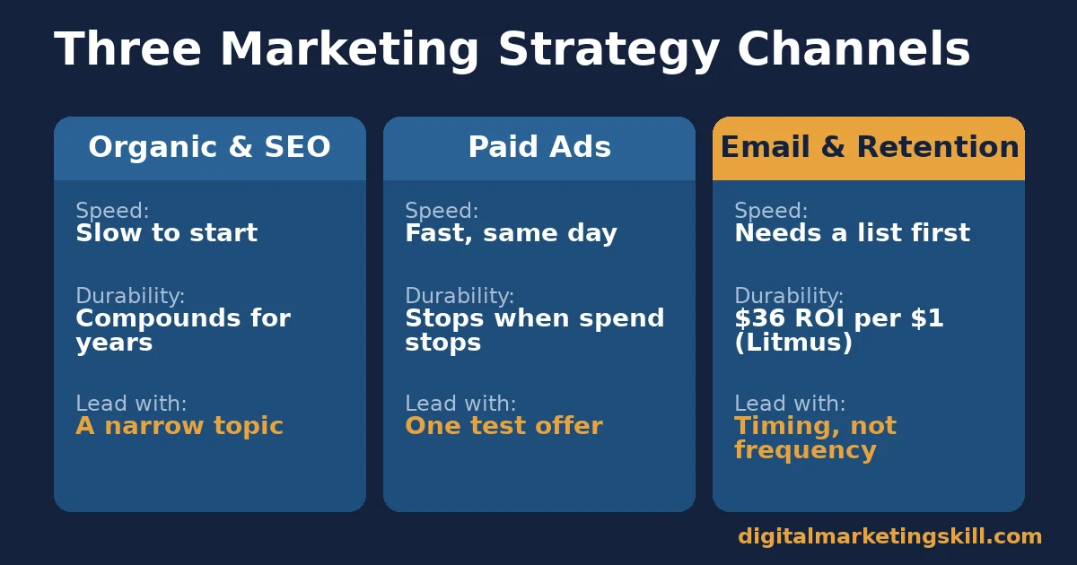 Marketing strategy comparison of organic SEO, paid ads and email retention by speed, durability and what to lead with