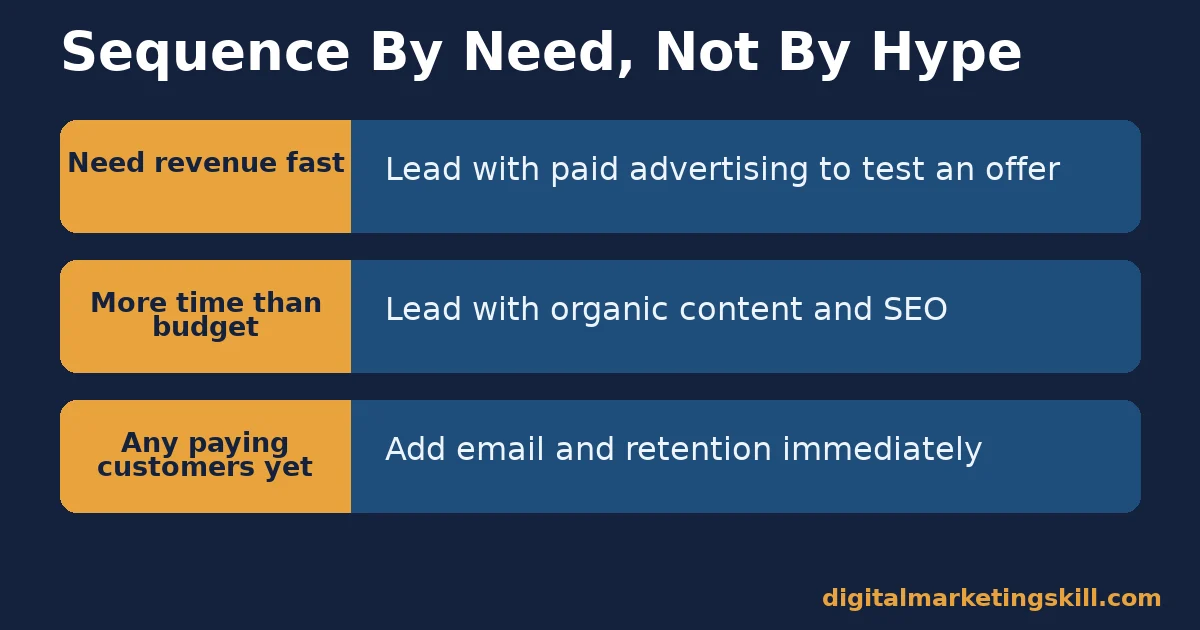 Marketing strategy decision rule: need revenue fast lead with paid ads, more time than budget lead with organic content, any paying customers add email and retention